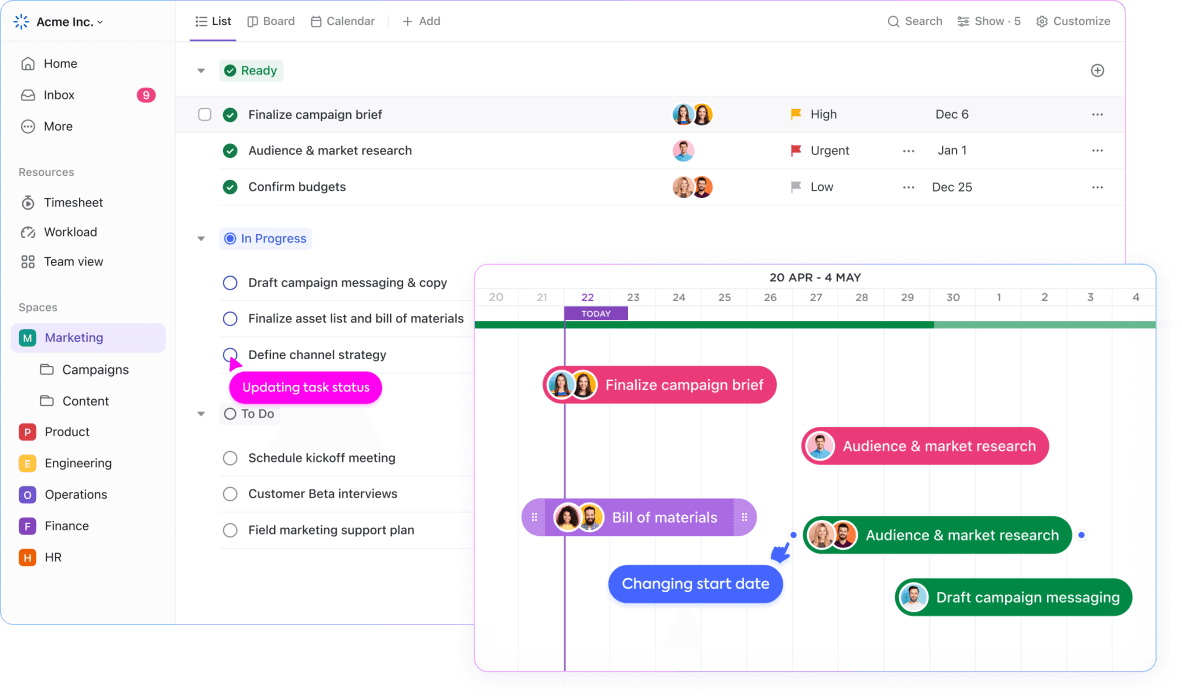 Tela da plataforma ClickUp com visão de tarefas, dashboards e automações
