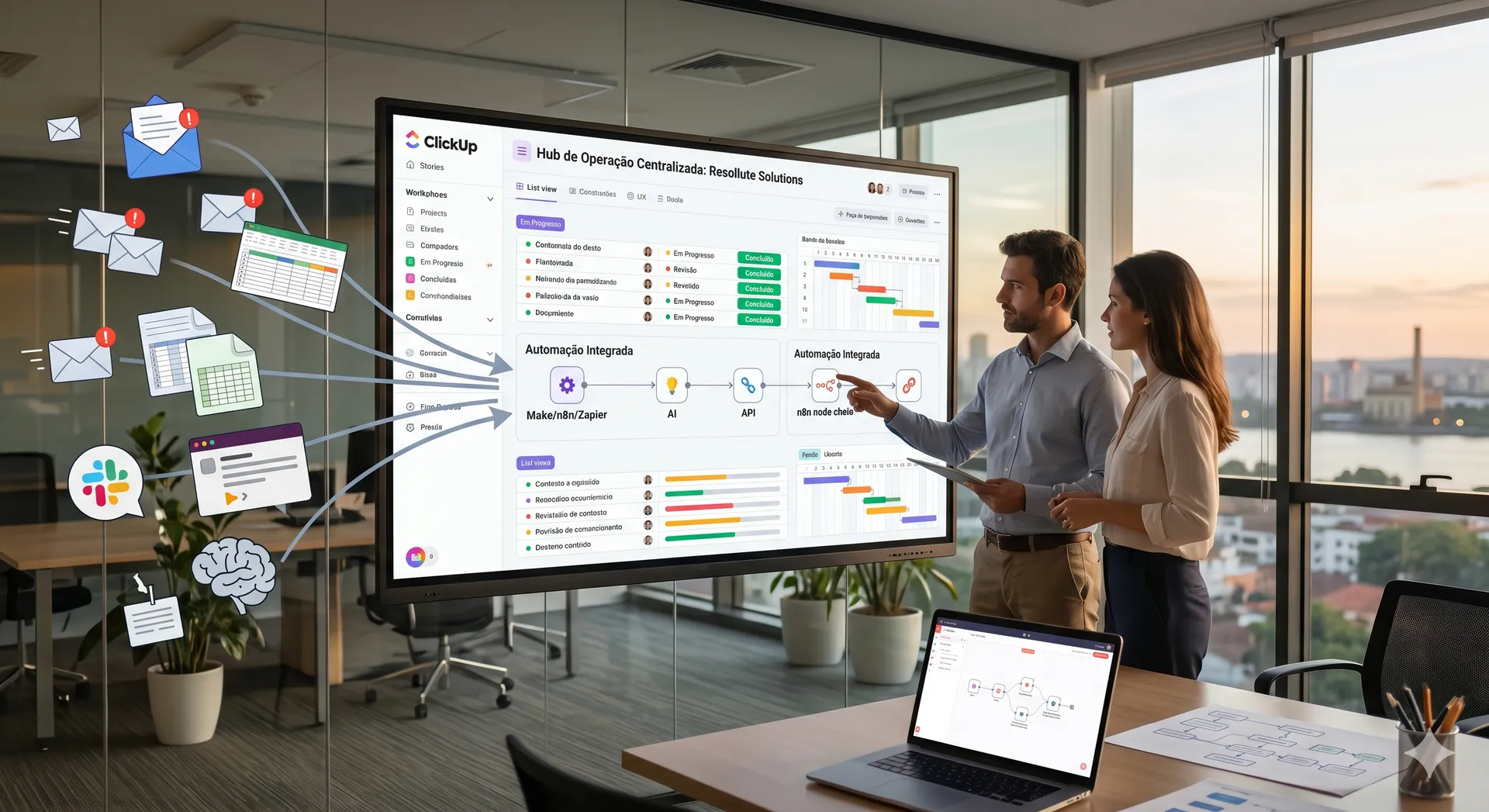 Equipe Resollute apresentando hub de operação centralizada com Gantt e automações